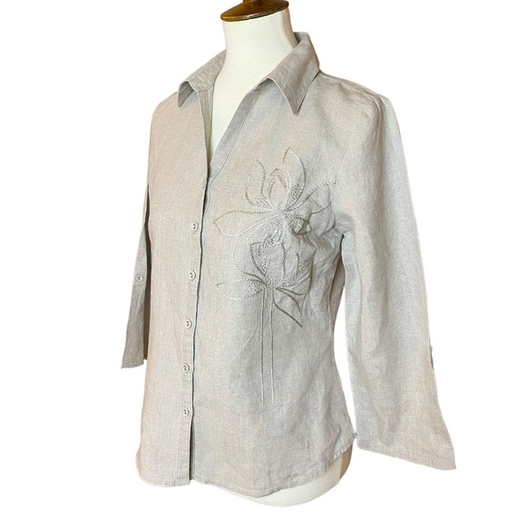 Tweeds Beige Taupe 100% Linen Embroidered Button Down Shirt - Size Medium - Picture 3 of 8